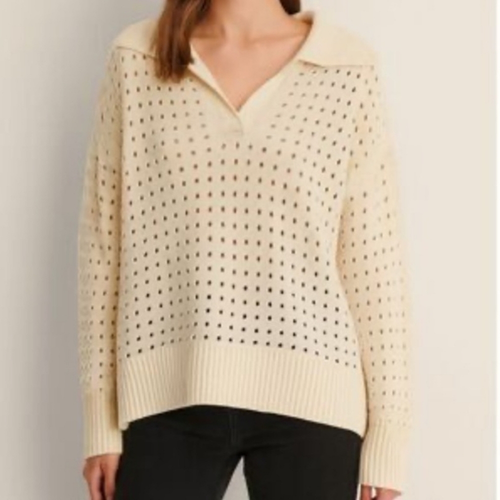 Joie Perforated Collared Cream Sweater, NWT Size S